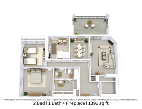 3D floor plan illustrating an angled view of a two-bedroom, one-bath apartment with fireplace, furniture layout, and spatial flow over 1,392 Sq. Ft.